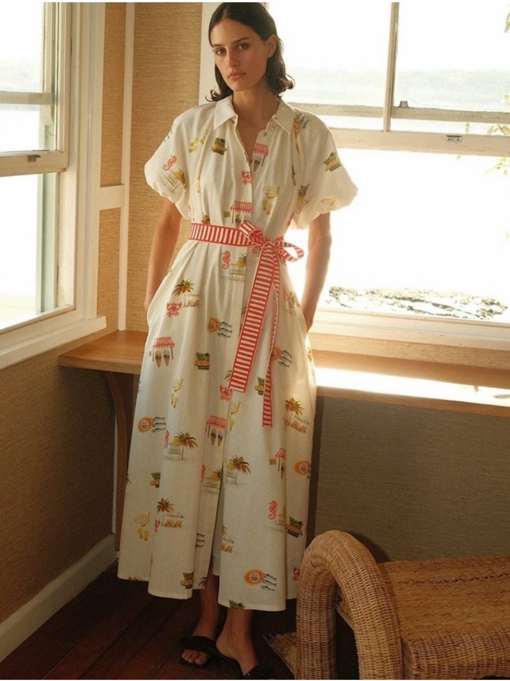 White Tropical-Print Maxi Shirt Dress with Red Stripe Belt